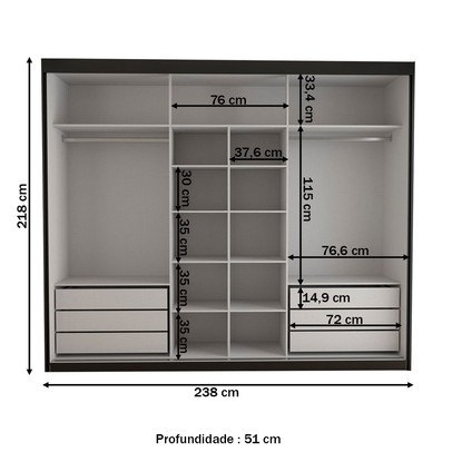 Guarda-Roupa Casal Cardial 3 Portas 6 Gavetas Preto - Panorama Móveis