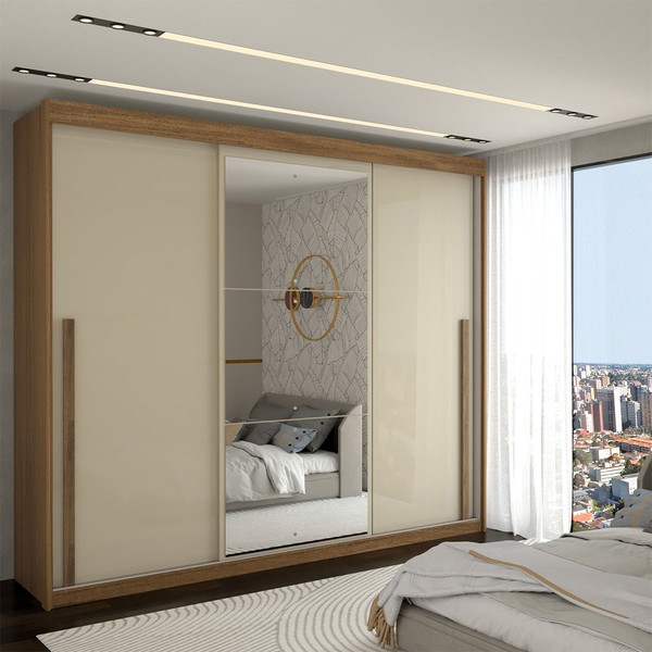 Guarda-Roupa Casal Cardial 3 Portas 6 Gavetas com Espelho Cinamomo/Off White - Panorama Móveis
