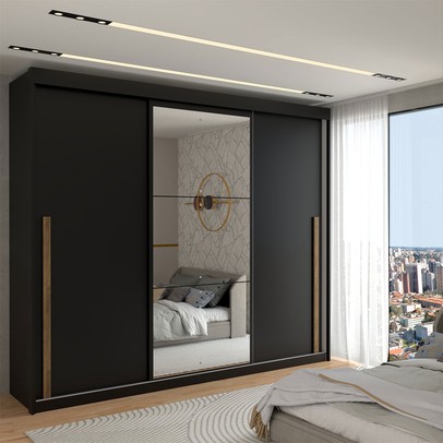 Guarda-Roupa Casal Cardial 3 Portas 6 Gavetas com Espelho Preto - Panorama Móveis
