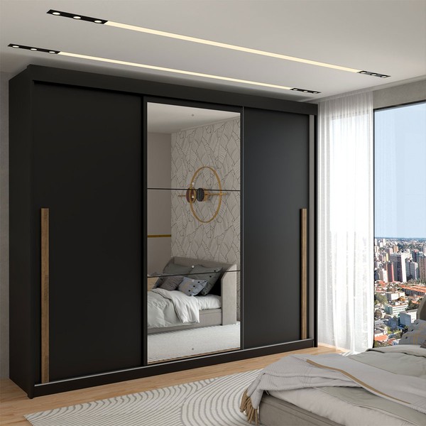 Guarda-Roupa Casal Cardial 3 Portas 6 Gavetas com Espelho Preto - Panorama Móveis