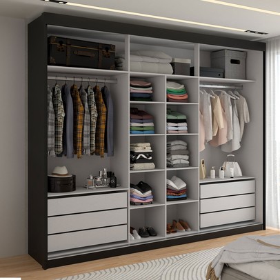 Guarda-Roupa Casal Cardial 3 Portas 6 Gavetas com Espelho Preto - Panorama Móveis