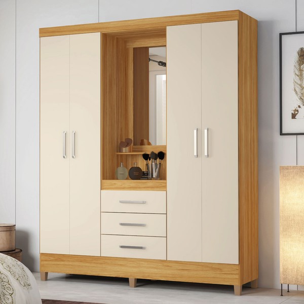 Guarda-Roupa Solteiro Pérsia 4 Portas 3 Gavetas com Espelho Cinamon/Off-White - Demóbile