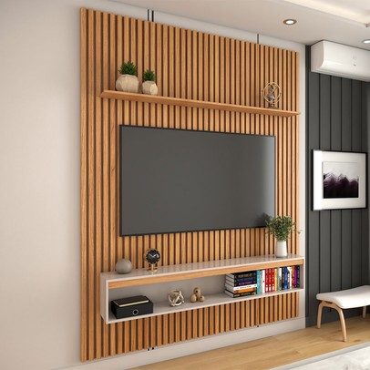 Painel Ripado para TV Até 65 Polegadas Naomi 2 Portas 1 Prateleira Cinamomo/Off White - Panorama Móveis