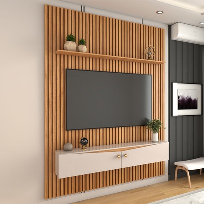 Painel Ripado para TV Até 65 Polegadas Naomi 2 Portas 1 Prateleira Cinamomo/Off White - Panorama Móveis