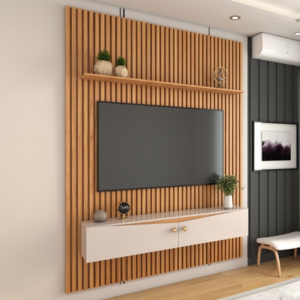 Painel Ripado para TV Até 65 Polegadas Naomi 2 Portas 1 Prateleira Cinamomo/Off White - Panorama Móveis