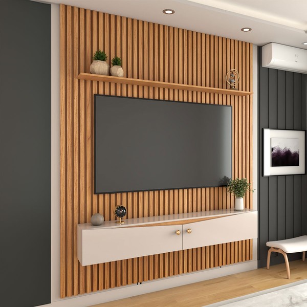 Painel Ripado para TV Até 75 Polegadas Naomi 2 Portas 1 Prateleira Cinamomo/Off White - Panorama Móveis