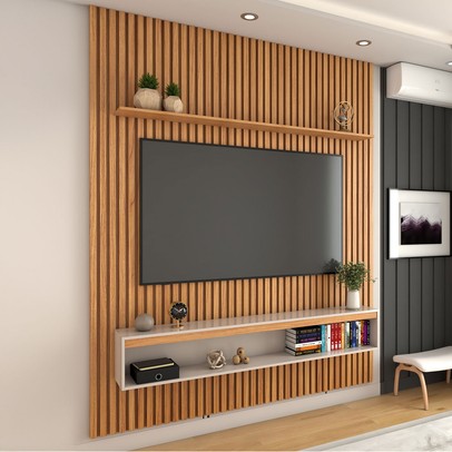 Painel Ripado para TV Até 75 Polegadas Naomi 2 Portas 1 Prateleira Cinamomo/Off White - Panorama Móveis