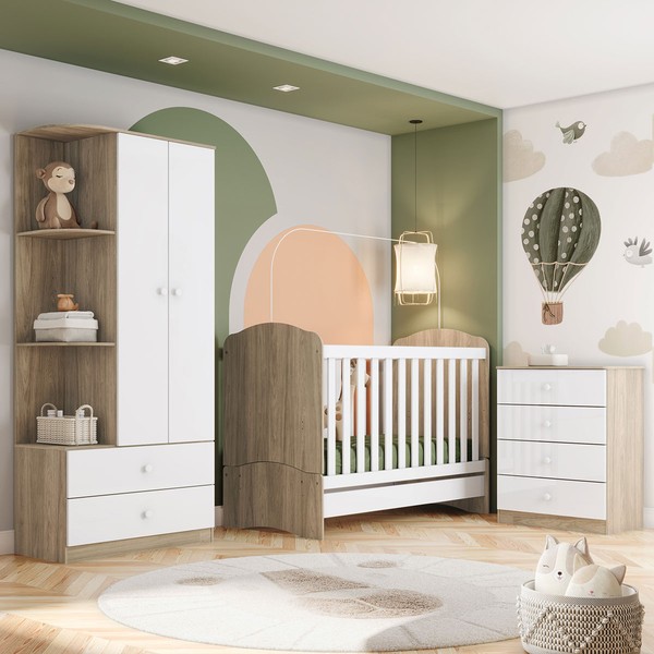 Quarto de Bebê Completo Dominó 2 Portas 6 Gavetas Rústico/Branco - Pnr Móveis