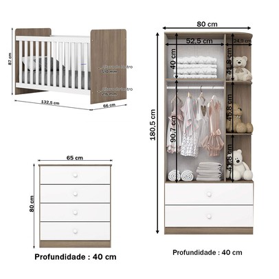 Quarto de Bebê Completo Dominó 2 Portas 6 Gavetas Rústico/Branco - Pnr Móveis
