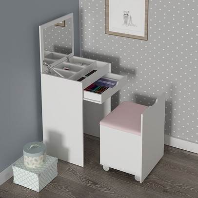 Penteadeira Milena 1 Gaveta com Banqueta Branco/Rosa - Pnr Móveis