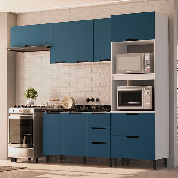 Cozinha Completa Meena 8 Portas 4 Gavetas 40250052 Branco/Azul - Politorno