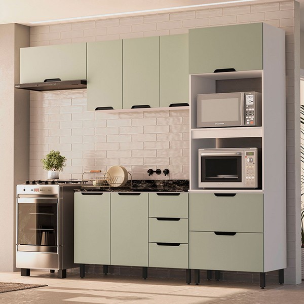 Cozinha Completa Meena 8 Portas 4 Gavetas 40250052 Branco/Verde Oliva - Politorno