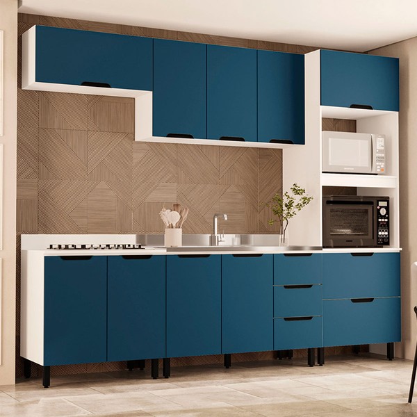 Cozinha Completa Meena 10 Portas 4 Gavetas 40250055 Branco/Azul - Politorno