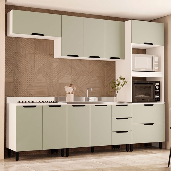 Cozinha Completa Meena 10 Portas 4 Gavetas 40250055 Branco/Verde Oliva - Politorno