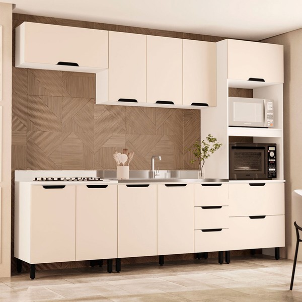 Cozinha Completa Meena 10 Portas 4 Gavetas 40250055 Branco/Creme - Politorno