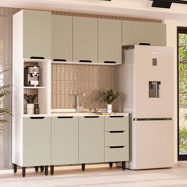 Cozinha Completa Meena 8 Portas 3 Gavetas 40250054 Branco/Verde Oliva - Politorno