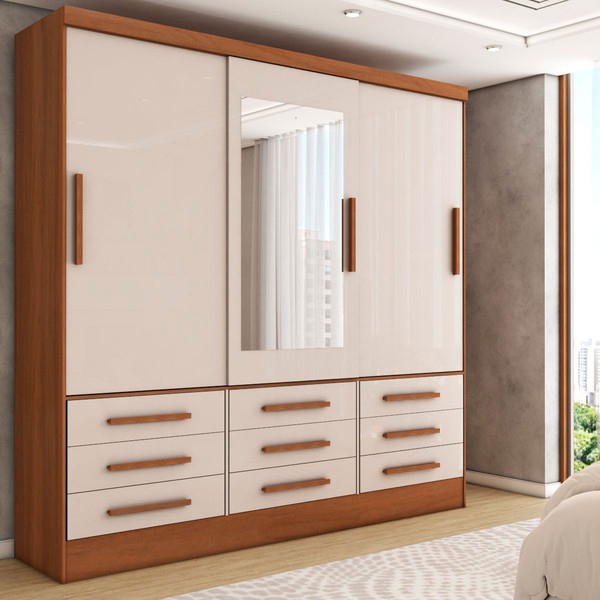 Guarda-Roupa Casal Max 3 Portas 9 Gavetas com Espelho Cinamomo/Off White - Panorama Móveis