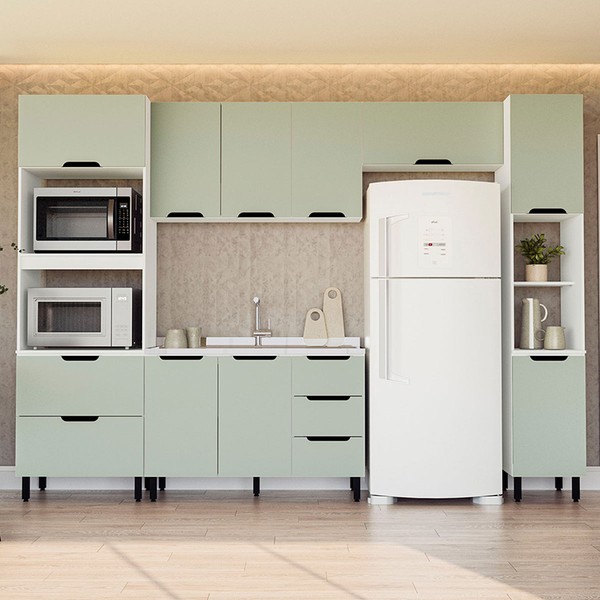 Cozinha Completa Meena 10 Portas 4 Gavetas 40250056 Branco/Verde Oliva - Politorno