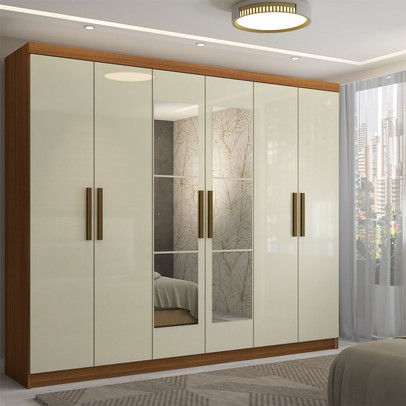 Guarda-Roupa Casal Odisseia 6 Portas 2 Gavetas com Espelho Cinamomo/Off White - Panorama Móveis