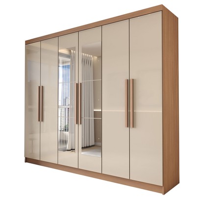 Guarda-Roupa Casal Odisseia 6 Portas 2 Gavetas com Espelho Cinamomo/Off White - Panorama Móveis