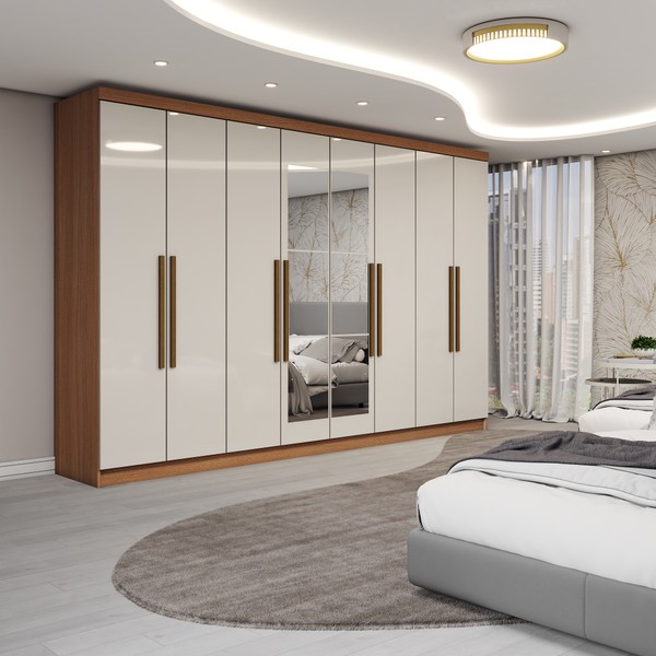 Guarda-Roupa Casal Odisseia 8 Portas 4 Gavetas com Espelho Cinamomo/Off White - Panorama Móveis