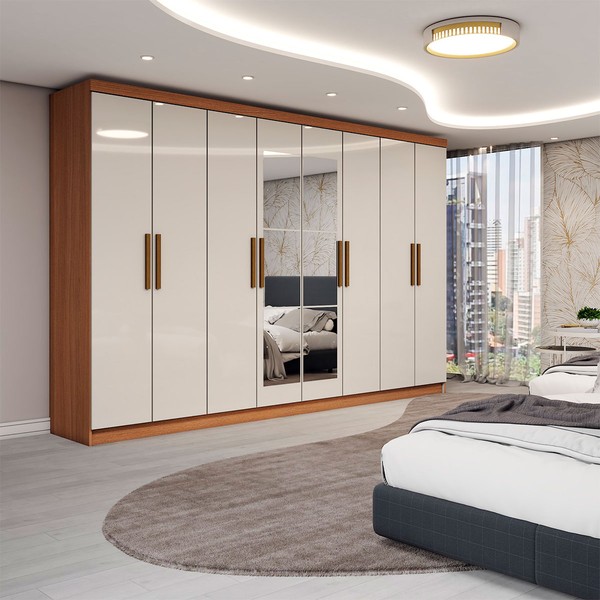 Guarda-Roupa Casal Odisseia 8 Portas 4 Gavetas com Espelho Cinamomo/Off White - Panorama Móveis