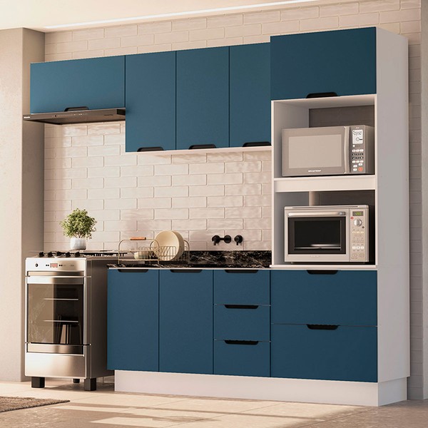 Cozinha Completa Meena 8 Portas 4 Gavetas 40250058 Branco/Azul - Politorno
