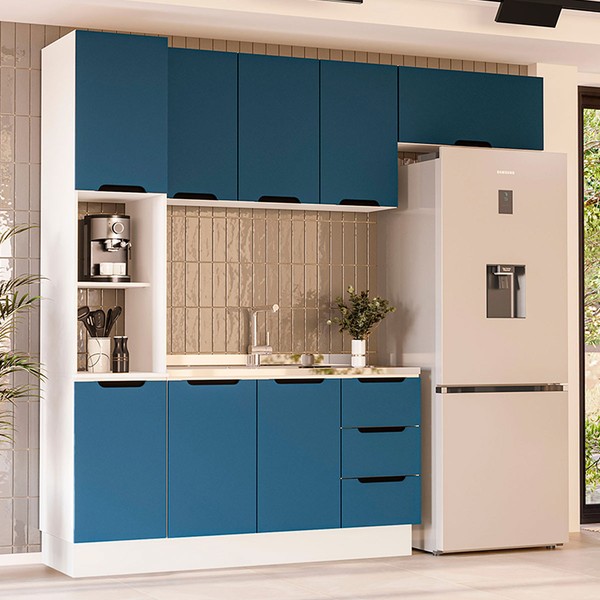 Cozinha Completa Meena 8 Portas 3 Gavetas 40250060 Branco/Azul - Politorno