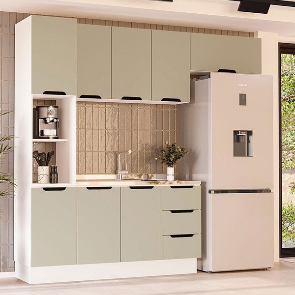 Cozinha Completa Meena 8 Portas 3 Gavetas 40250060 Branco/Verde Oliva - Politorno