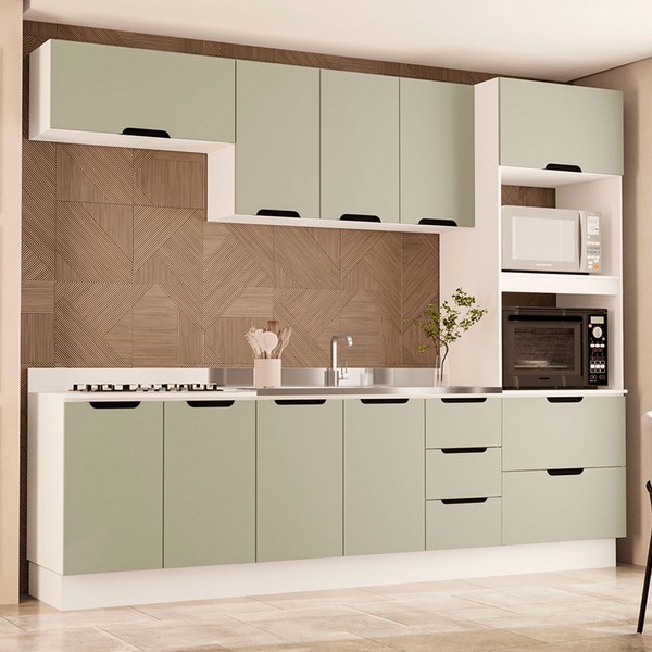 Cozinha Completa Meena 10 Portas 4 Gavetas 40250061 Branco/Verde Oliva - Politorno
