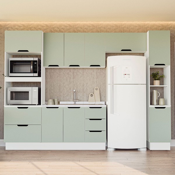 Cozinha Completa Meena 10 Portas 4 Gavetas 40250062 Branco/Verde Oliva - Politorno