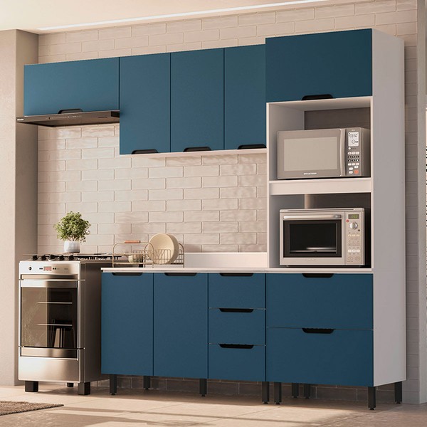 Cozinha Completa Meena 8 Portas 4 Gavetas 40250064 Branco/Azul - Politorno