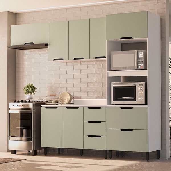 Cozinha Completa Meena 8 Portas 4 Gavetas 40250064 Branco/Verde Oliva - Politorno