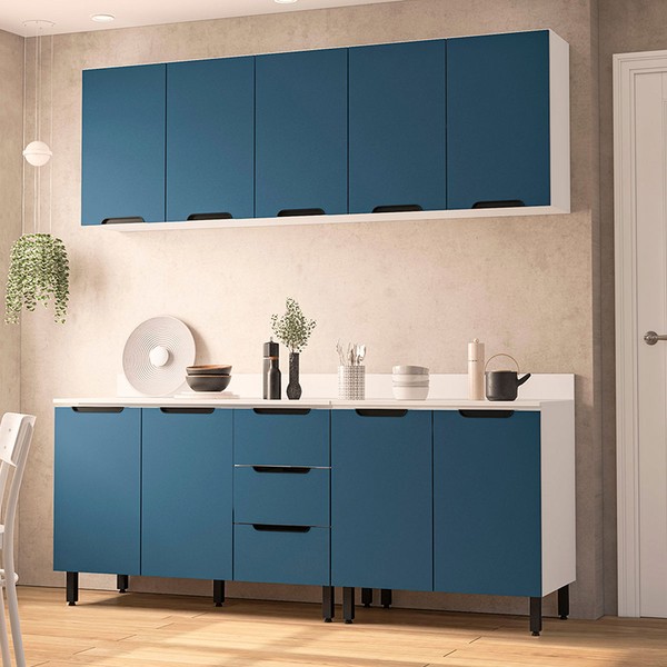 Cozinha Completa Meena 9 Portas 3 Gavetas 40250065 Branco/Azul - Politorno