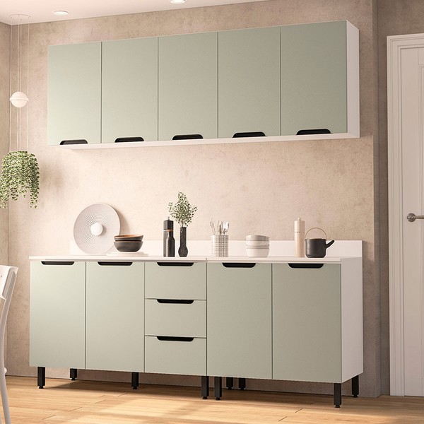 Cozinha Completa Meena 9 Portas 3 Gavetas 40250065 Branco/Verde Oliva - Politorno