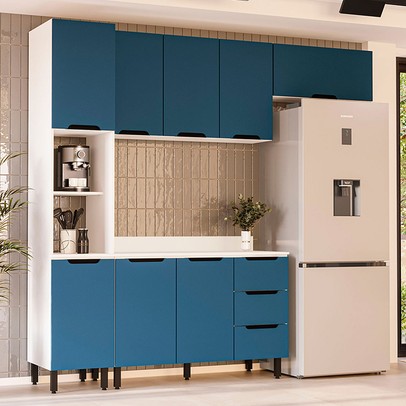 Cozinha Completa Meena 8 Portas 3 Gavetas 40250066 Branco/Azul - Politorno