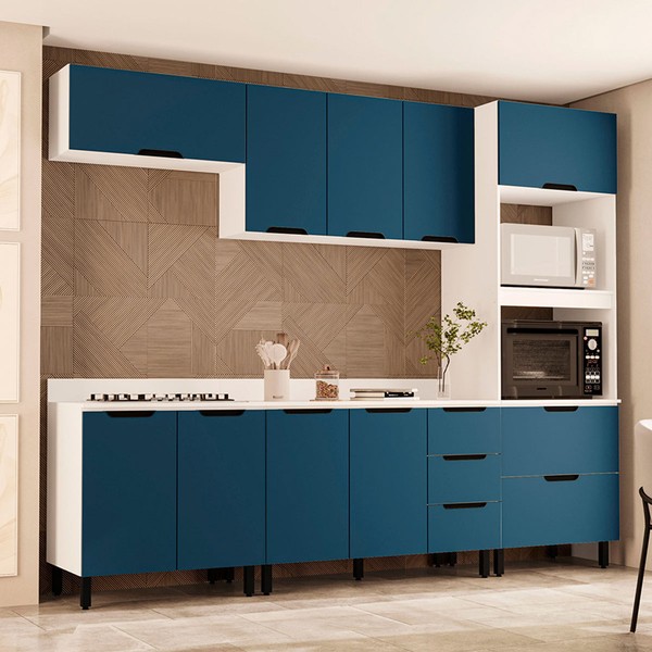 Cozinha Completa Meena 10 Portas 4 Gavetas 40250067 Branco/Azul - Politorno