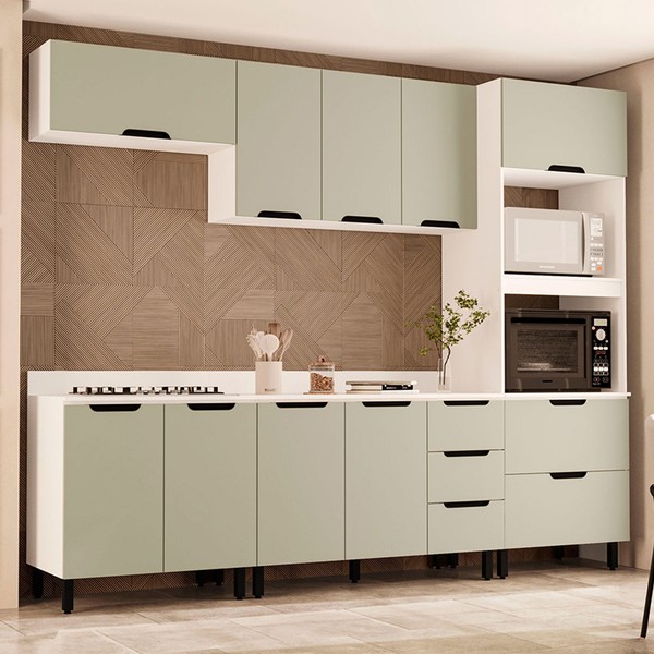 Cozinha Completa Meena 10 Portas 4 Gavetas 40250067 Branco/Verde Oliva - Politorno