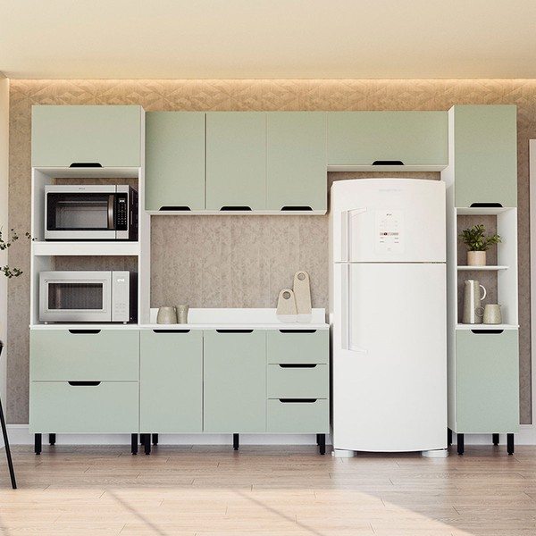 Cozinha Completa Meena 10 Portas 4 Gavetas 40250068 Branco/Verde Oliva - Politorno
