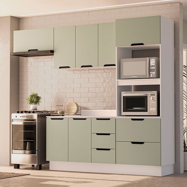 Cozinha Completa Meena 8 Portas 4 Gavetas 40250070 Branco/Verde Oliva - Politorno
