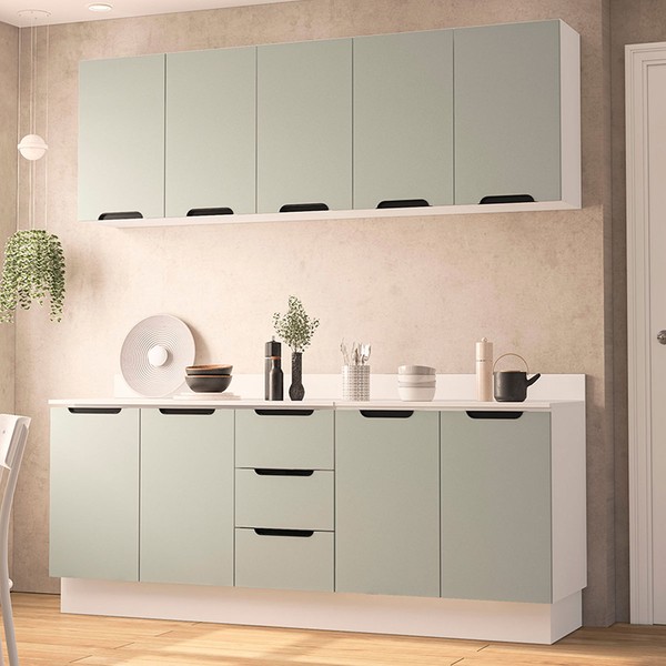Cozinha Completa Meena 9 Portas 3 Gavetas 40250071 Branco/Verde Oliva - Politorno