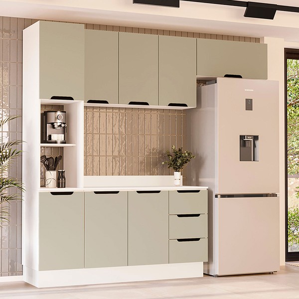 Cozinha Completa Meena 8 Portas 3 Gavetas 40250072 Branco/Verde Oliva - Politorno