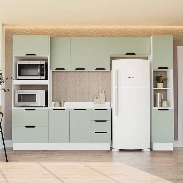 Cozinha Completa Meena 10 Portas 4 Gavetas 40250074 Branco/Verde Oliva - Politorno