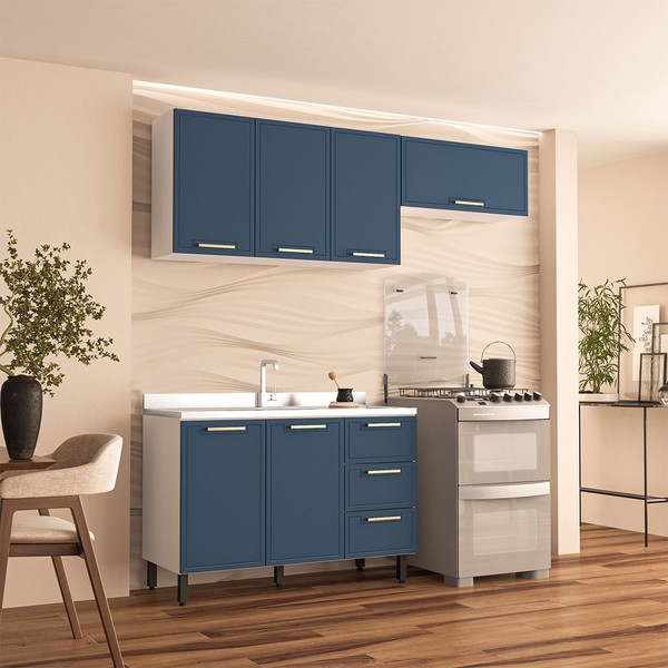 Cozinha Completa Amara 40250075 6 Portas 3 Gavetas 40250075 Branco/Azul - Politorno