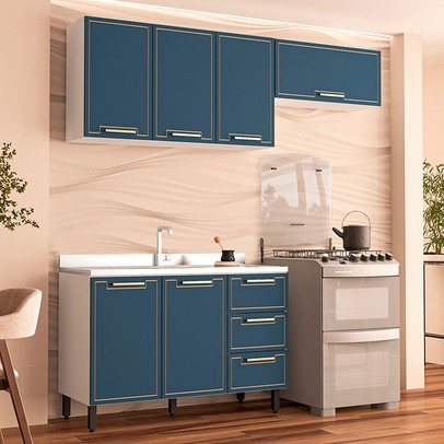 Cozinha Completa Amara 40250075 6 Portas 3 Gavetas 40250075 Branco/Azul - Politorno