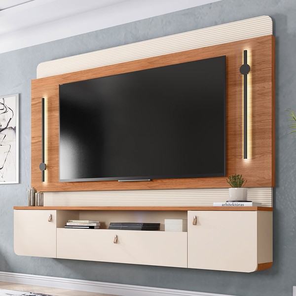Painel para TV Até 75 Polegadas Dali 2 Portas 1 Gaveta com Led Off White/Freijó - Caemmun