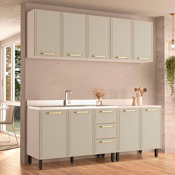 Cozinha Completa Amara 9 Portas 3 Gavetas 40250077 Branco/Verde Oliva - Politorno