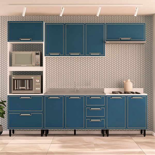 Cozinha Completa Amara 10 Portas 4 Gavetas 40250079 Branco/Azul - Politorno