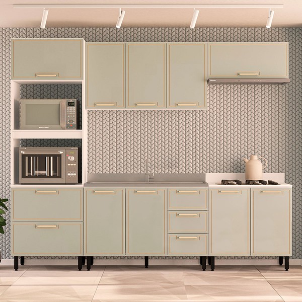 Cozinha Completa Amara 10 Portas 4 Gavetas 40250079 Branco/Verde Oliva - Politorno