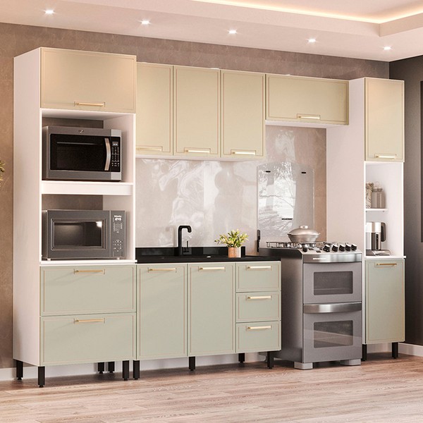 Cozinha Completa Amara 10 Portas 4 Gavetas 40250080 Branco/Verde Oliva - Politorno